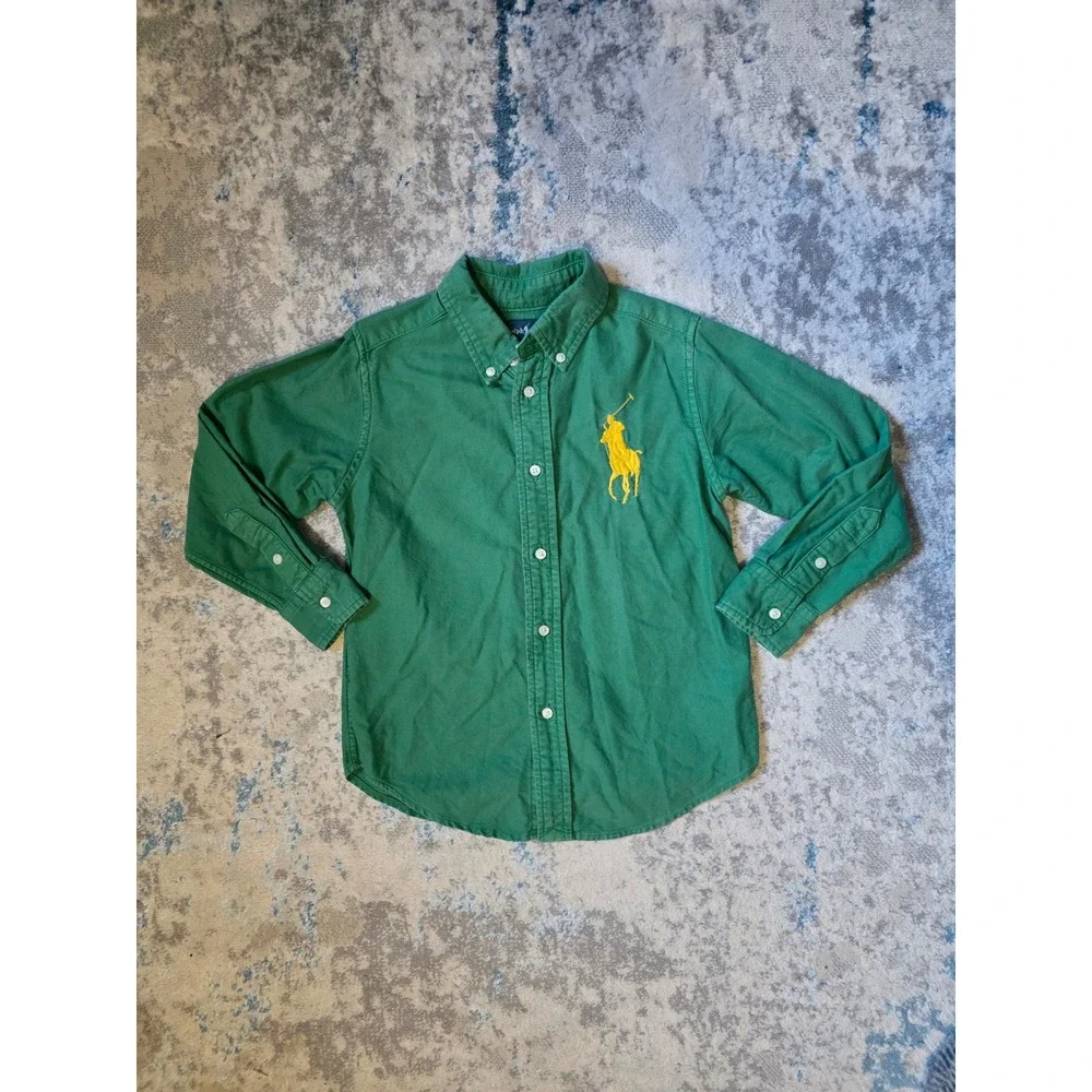 Ralph Lauren Boys‎ 5 Green and Yellow Big Pony Cotton Oxford Shirt Long Sleeve